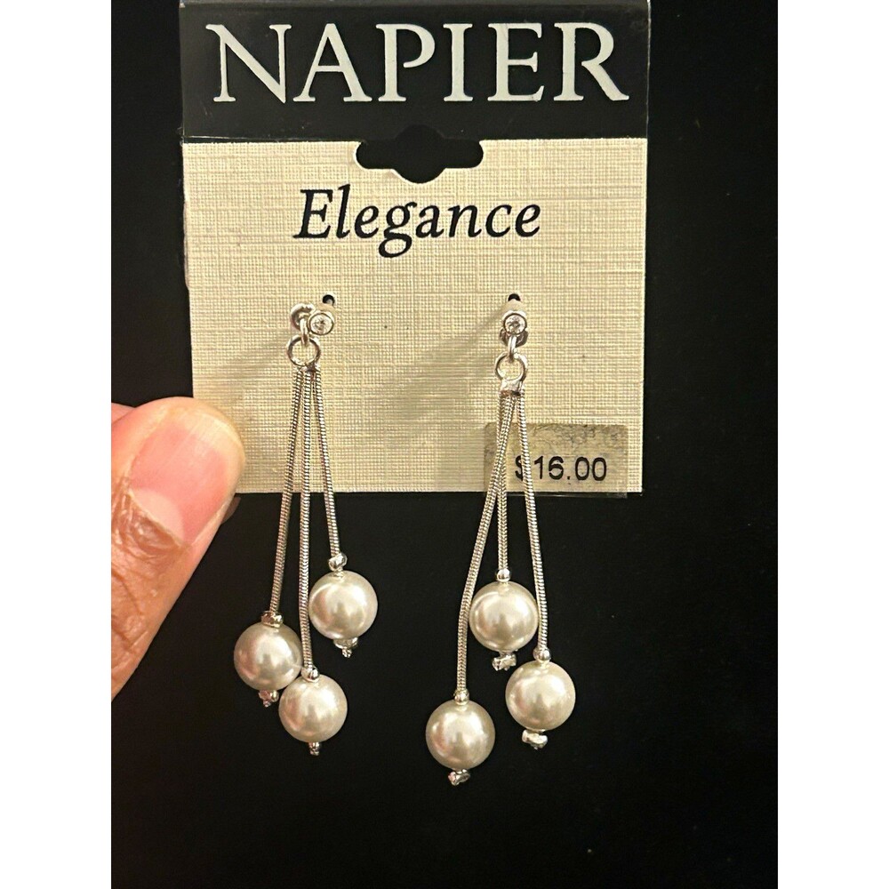 Napier Elegance Silver Tone Simulated White Pearl Beaded Dangle Earrings